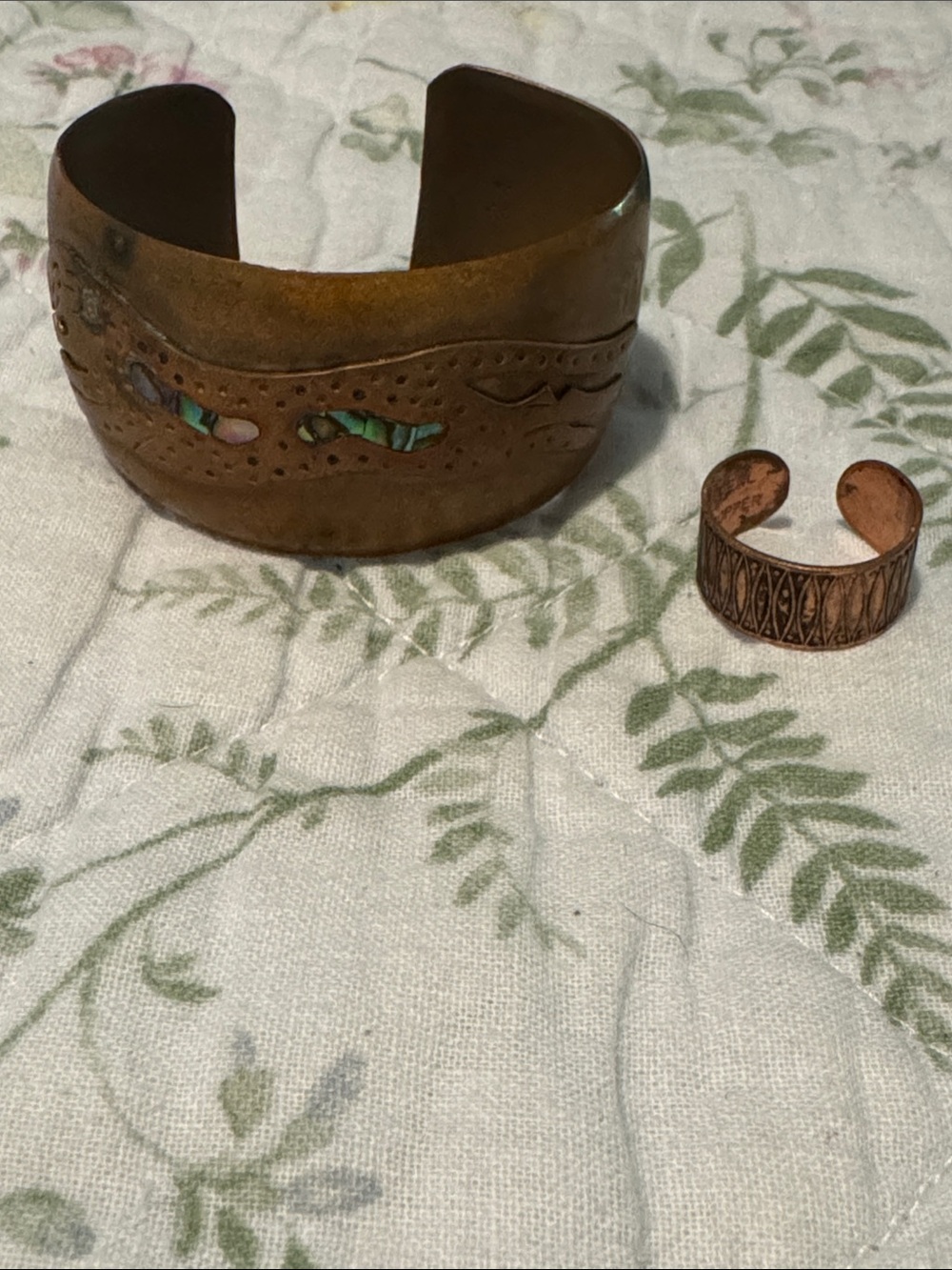 Vintage Copper Jaguar Abalone Cuff Bracelet and Real Copper Ring Adjustable
